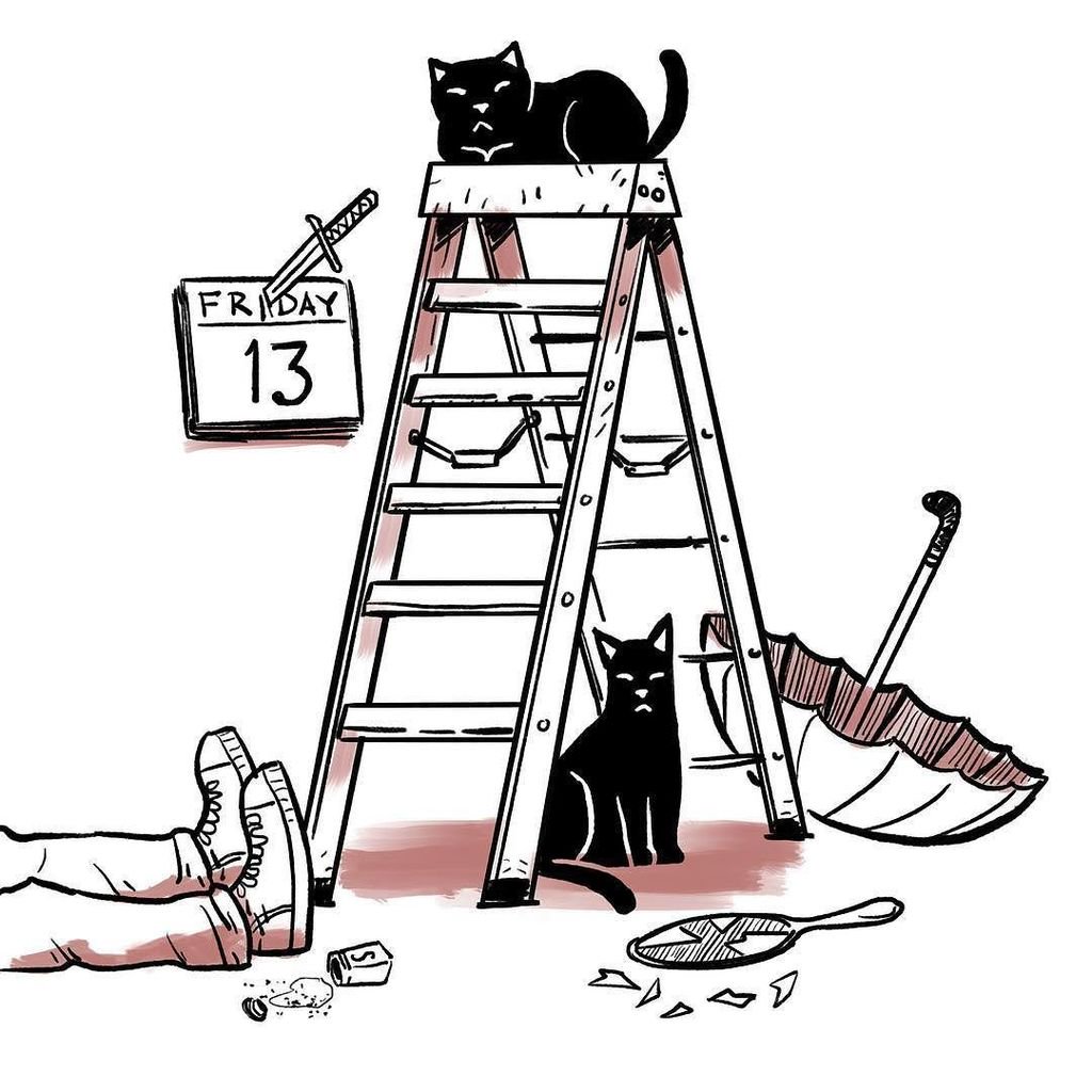 Cartoon of black cats, Friday 13th on calendar, ladder, broken mirror and open umbrella.