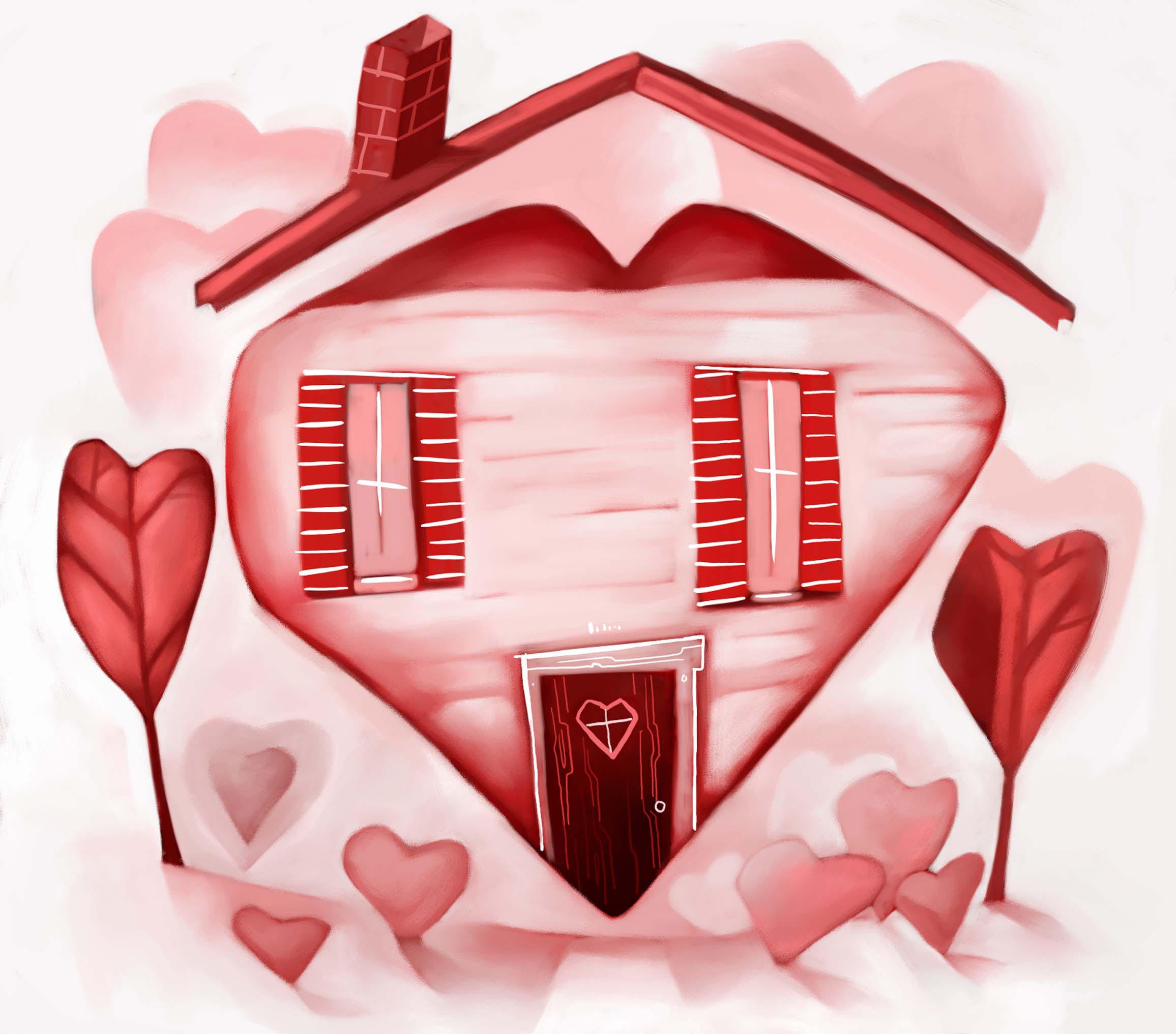 illustrated house shaped like Valentine's Day heart.
