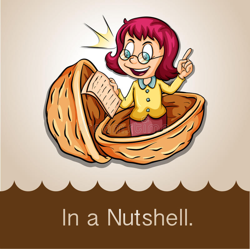 cartoon of woman in a walnut. text: In a Nutshell